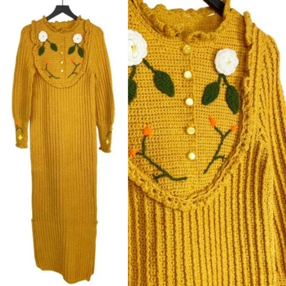 Vintage Dresses & Skirts - Vintage 70s Crochet Maxi Dress Long Sleeve Wool Gold Ribbed Crocheted Womens S